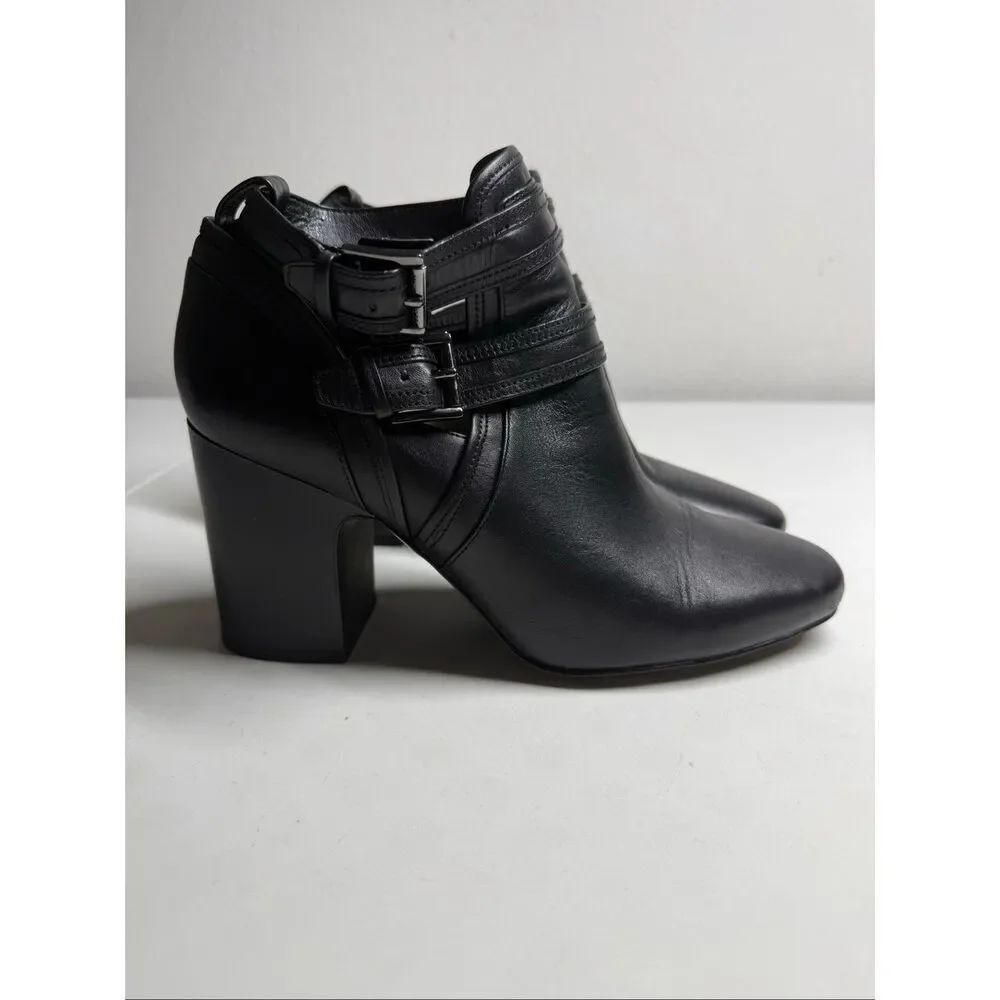 Michael Kors  Black Leather Multi-Strap Buckle Ankle Boots Block Heel Size 9M